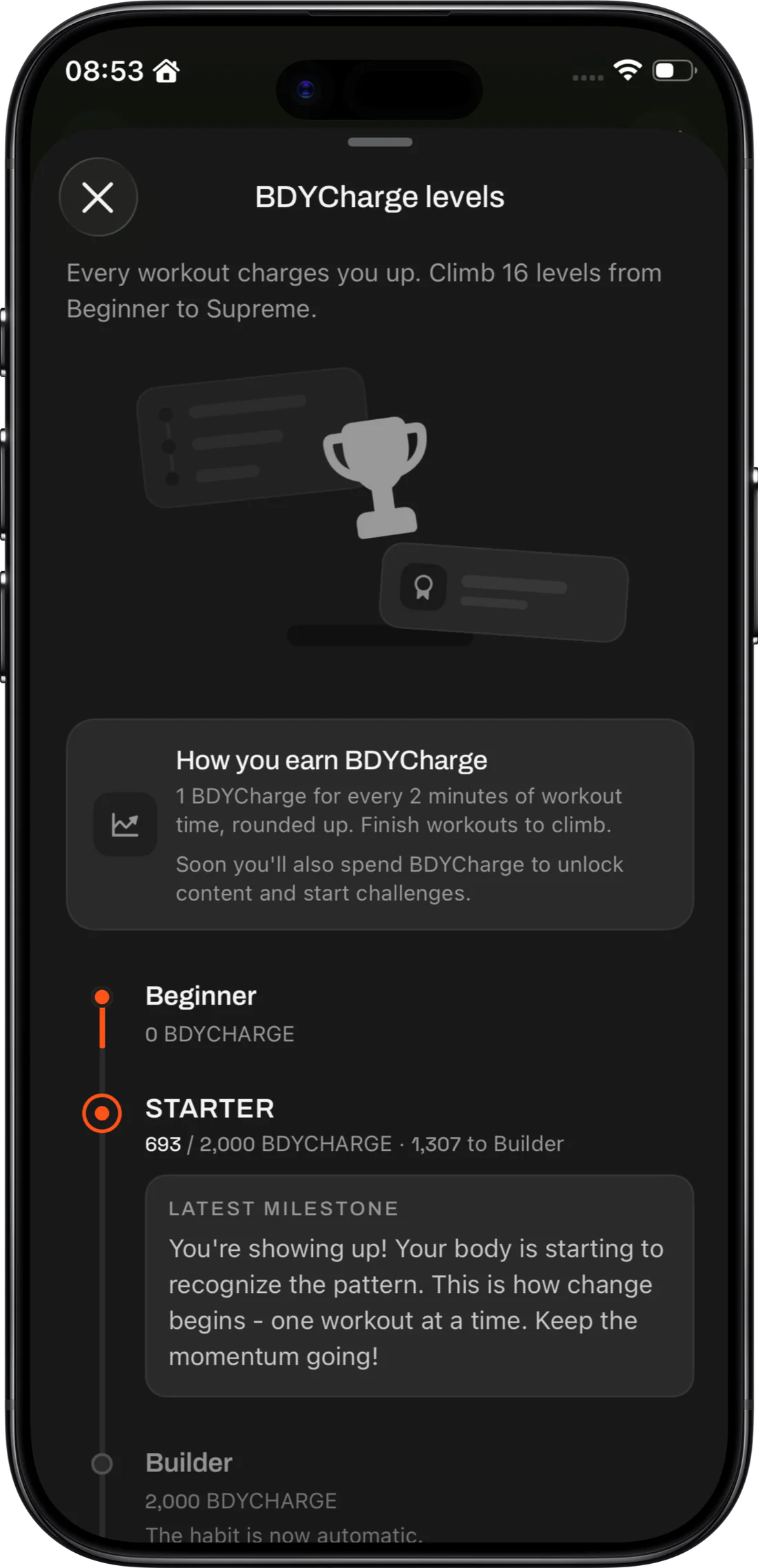 The BDYCharge levels sheet climbing from Beginner to Supreme, with 693 of the 2,000 points needed for Builder