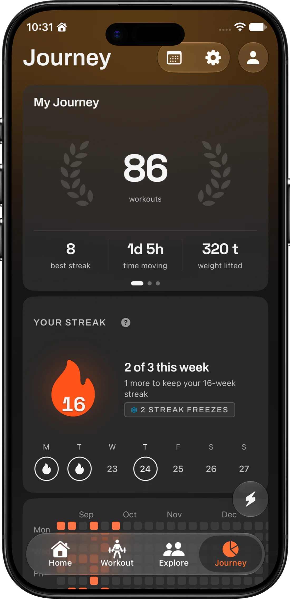 The Journey screen with 86 workouts and a 16 week streak, 2 of 3 workouts done this week and 2 streak freezes banked