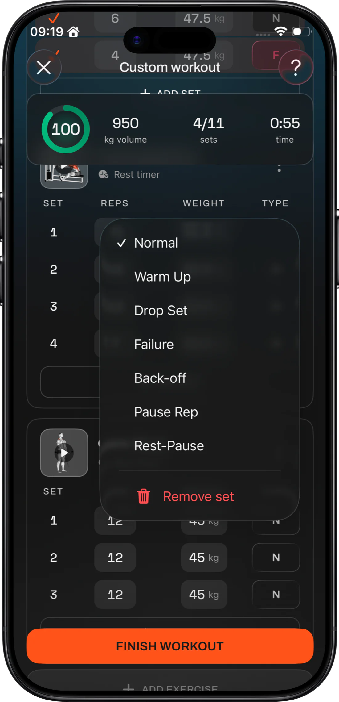 A Custom Workout with the set-type menu open on Normal, Warm Up, Drop Set, Failure, Back-off, Pause Rep and Rest-Pause