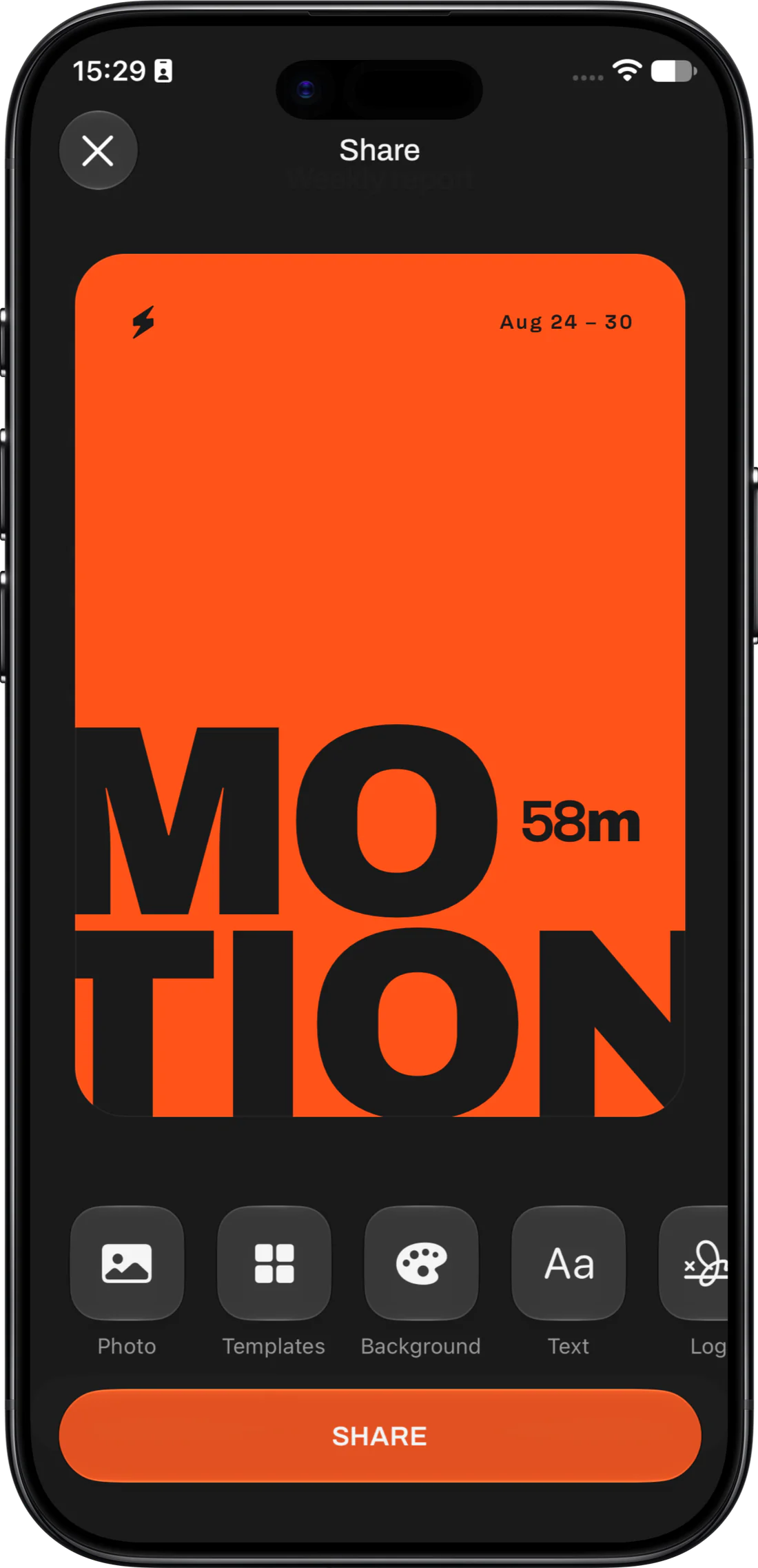 The share editor on the Motion template, 58 minutes in motion for the week of August 24 to 30, ready to share